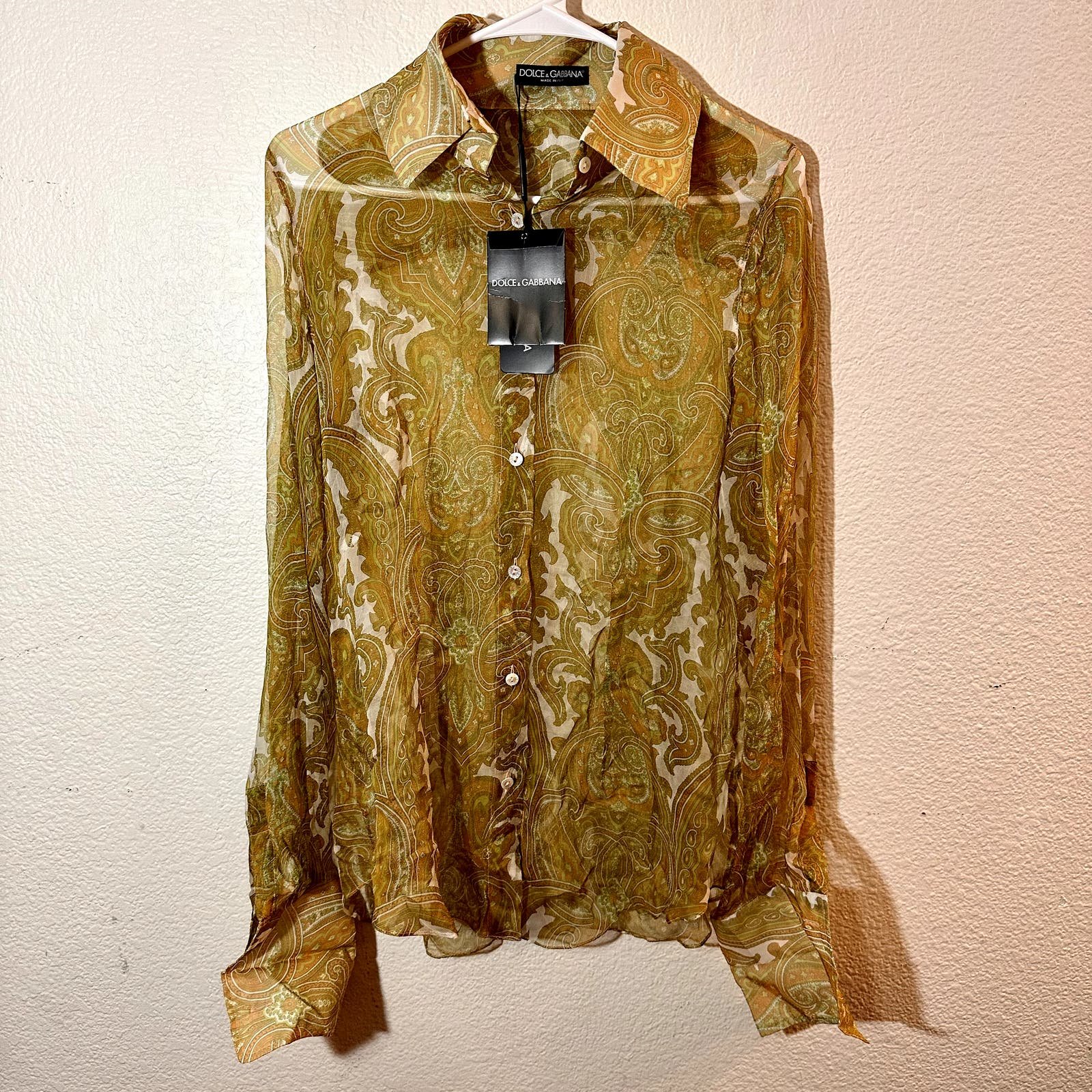 NWT Dolce & Gabbana Silk Blouse Size 46 Yellow Paisley Sheer Button Up cNXLFPL4L