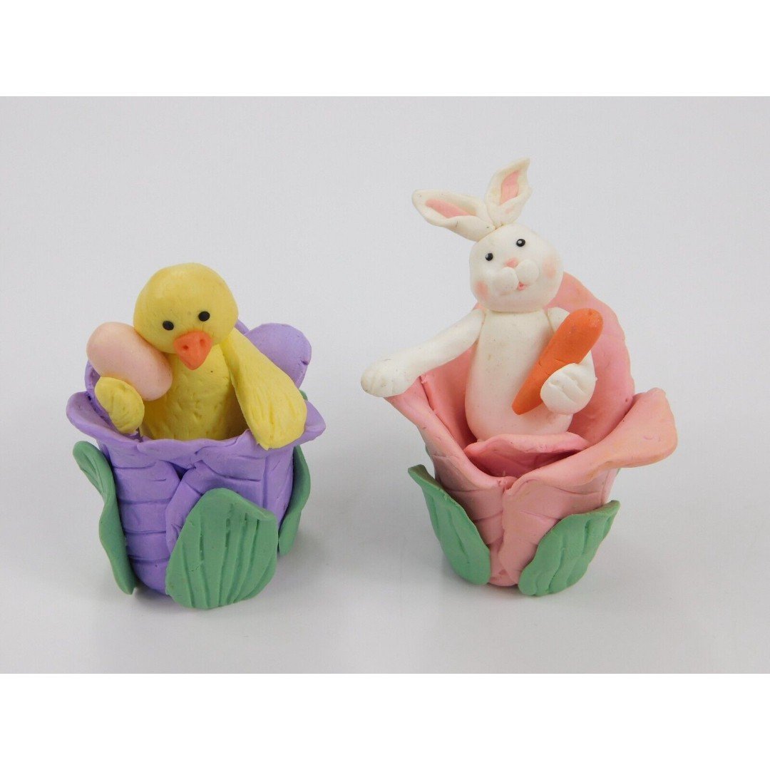 Easter Bunny Rabbit & Chick in Flowers Figurines Polymer Clay Hand Made 3