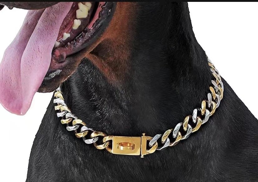 24”19mm Gold Dog Chain Collar, Cuban Link Dog Collar, 1