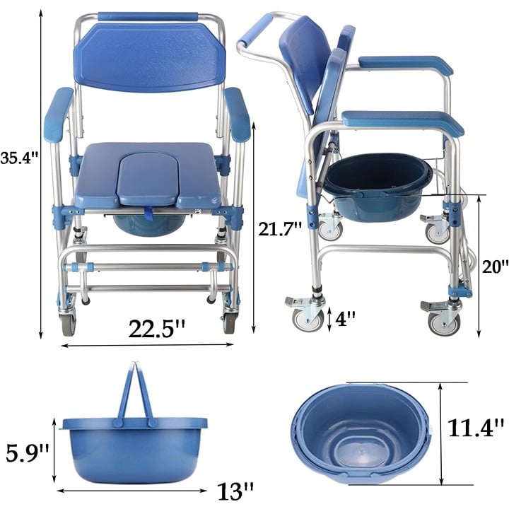 4-in-1 Shower Commode Rolling Chair Multi-Functional Padded Wheelchair 330 Lb A0W6tfICL