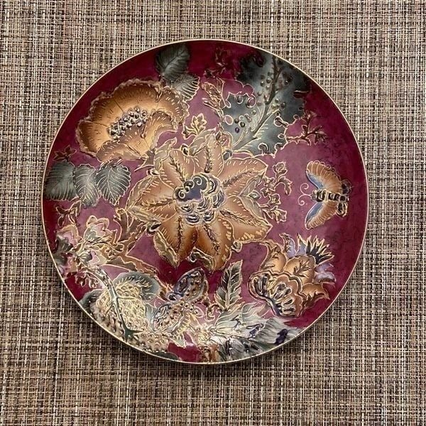 Burgundy Gold Green Floral Decorative Oriental Plate Gold Rim Raised Gold Accent 13c3KNVHY