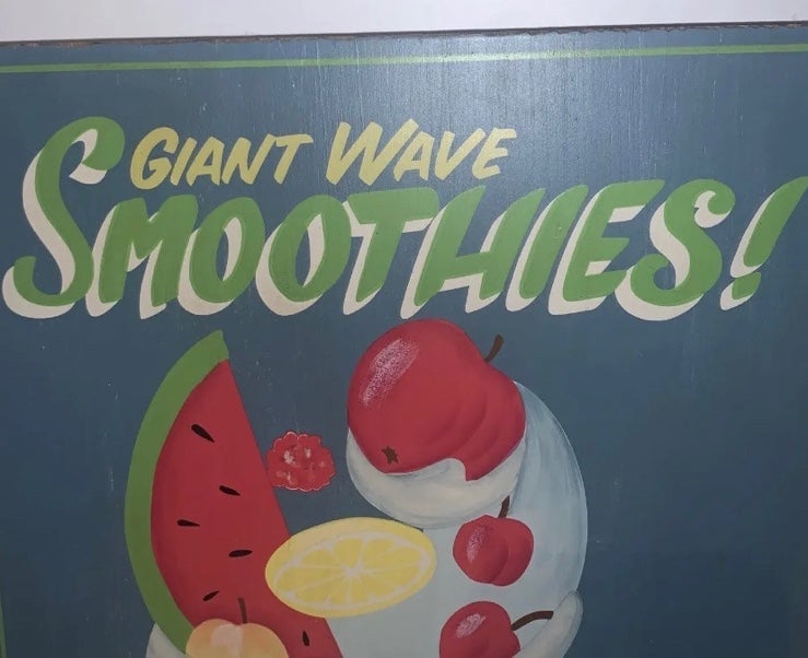 Pottery Barn Vintage Wood Plaque ‘GIANT WAVE SMOOTHIES’ Wall Mount 14” x 11” fEEqjl2xZ