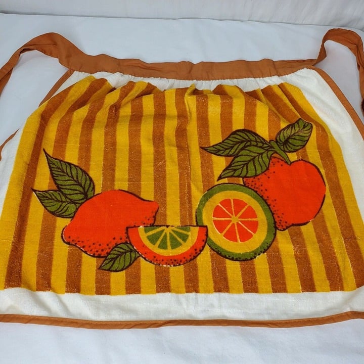 Vintage 60s 70s Terry Cloth Half Apron Fruit Oranges Ha