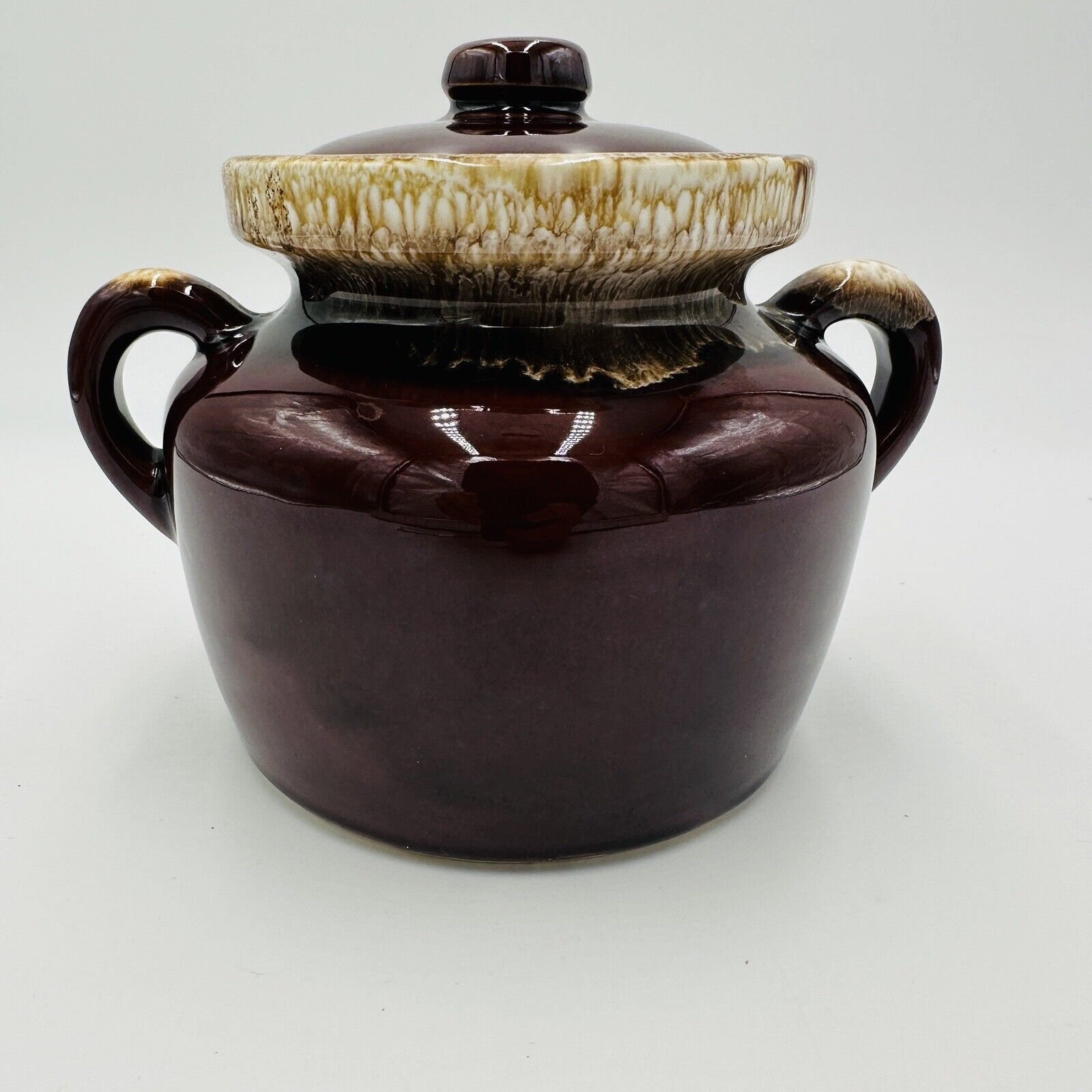 McCoy Pottery Bean Pot Brown Drip Glaze Lidded Handled 