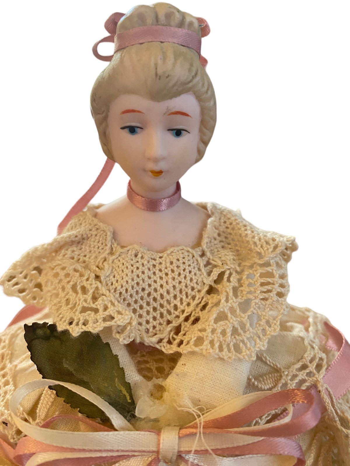 Vintage Air Freshener Doll Topper Porcelain Head Crocheted Lace Dress *Damaged doAODieWn