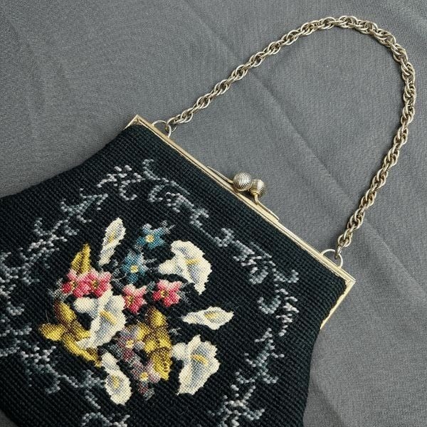 1950´s Green Needlepoint Handbag With Floral Motif & Chain Handle G8rN9o6US