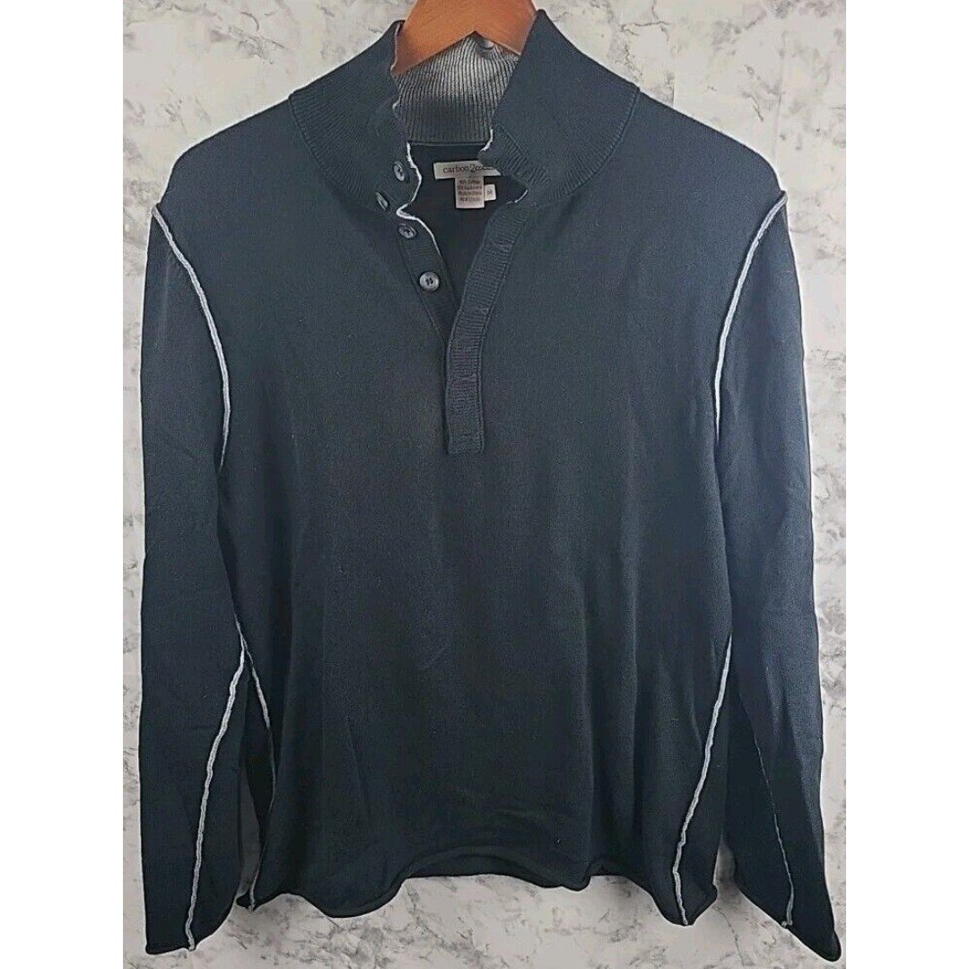 Carbon 2 Cobalt, Men´s Black Cotton Mock Neck, 1/4 Button Sweater, Size Medium d9YlZbQ7x