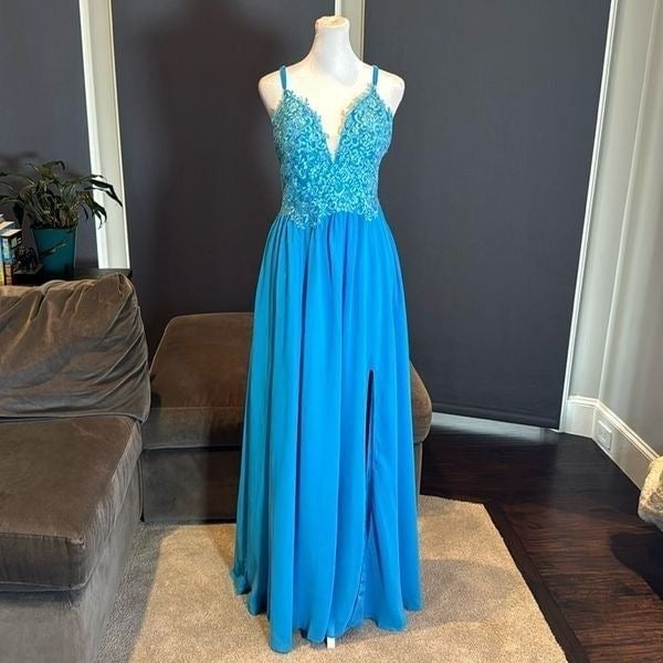 Women’s Blue Prom Party Bridesmaid Dress Full Length Leg Slit Size 4 NWOT gf9rEZVrs