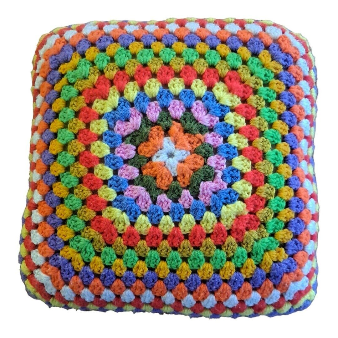VINTAGE Hand Knit Square Crochet Pillow Double Sided MCM RETRO 3beGC2lxK