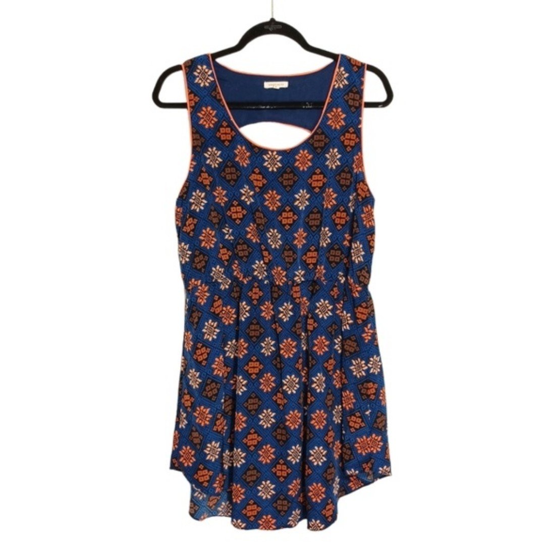 UNDER SKIES Navy Blue Orange Geometric Print Sleeveless Back Keyhole Print Dress 9gRs5wQHl