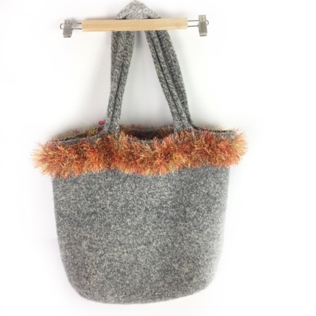 HANDMADE  Wool Tote Sweater Knit Heather Gray/Orange Fringe ei5DgreVt