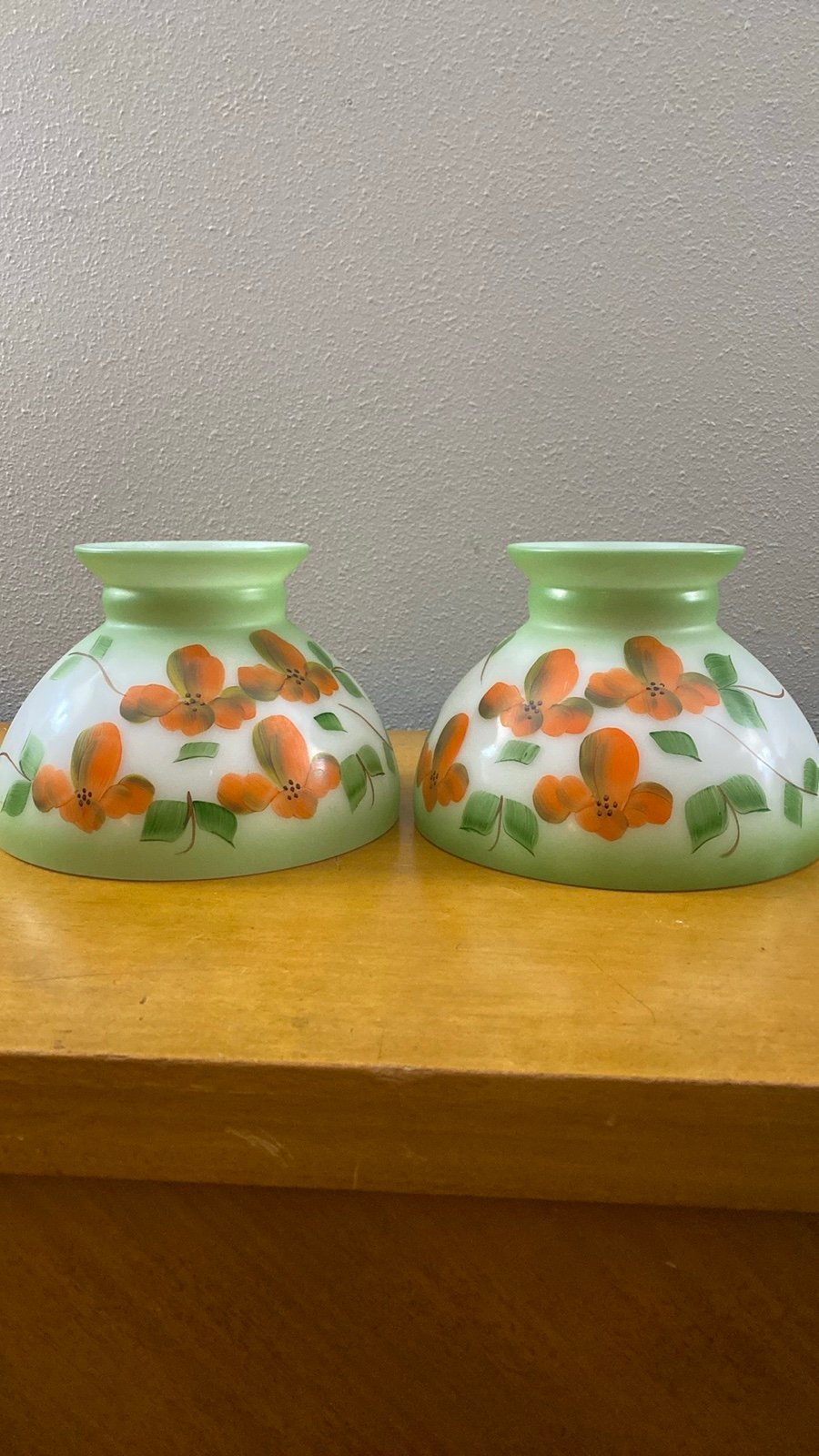 Set of 2 Vintage Hurricane Lamp Shade Milk Glass Hand Painted Orange Flowers 3Y6I8Tp6n
