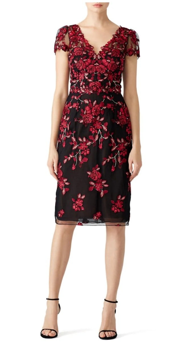 RTR sz 4 Marchessa Notte lace rose red floral embroidered v neck midi dress 7R1Ua9I3S