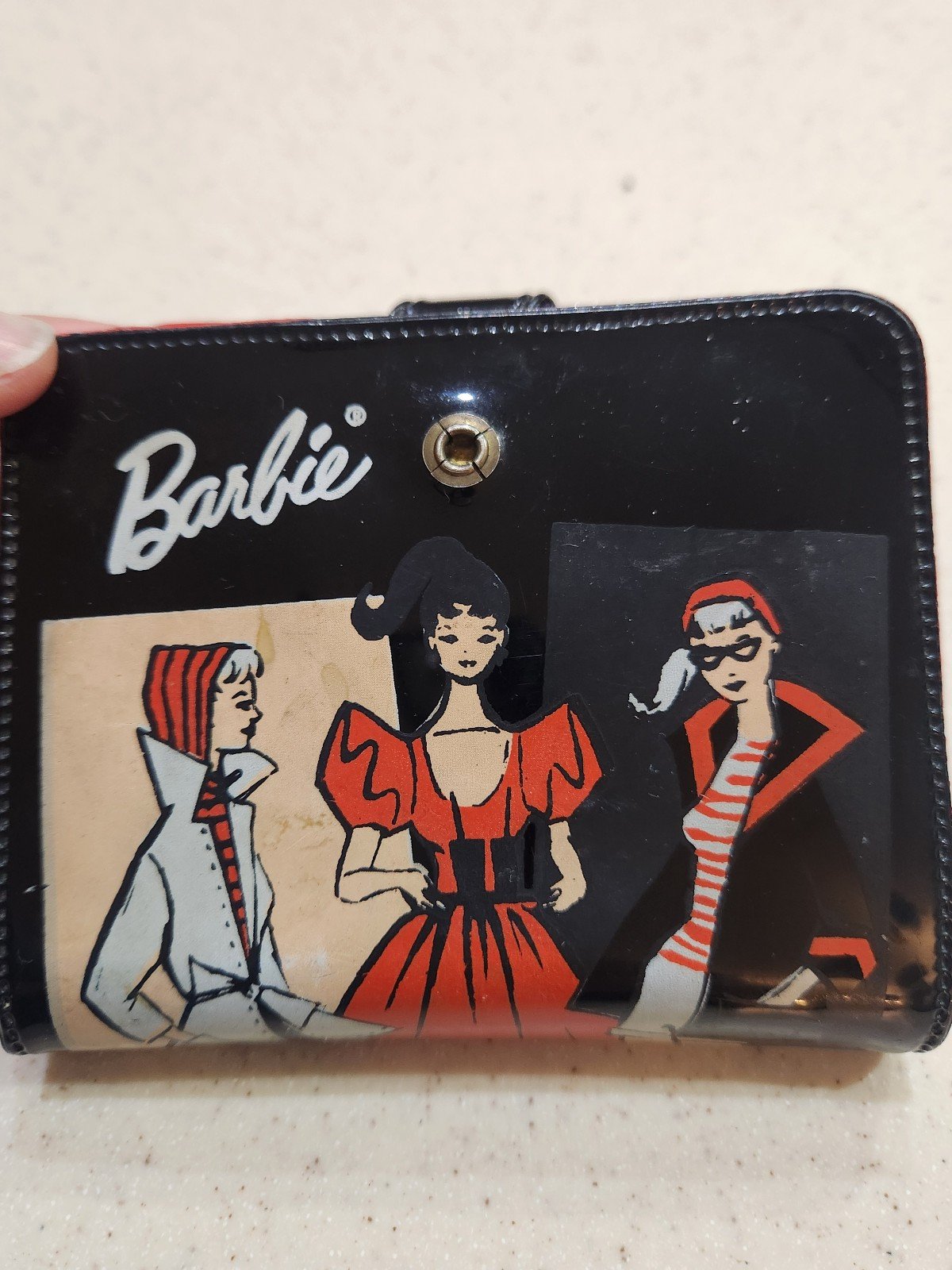 VINTAGE Barbie Wallet Snap Latch Vinyl Black Zip pocket Coin Slot 1961 aYtyPyde8