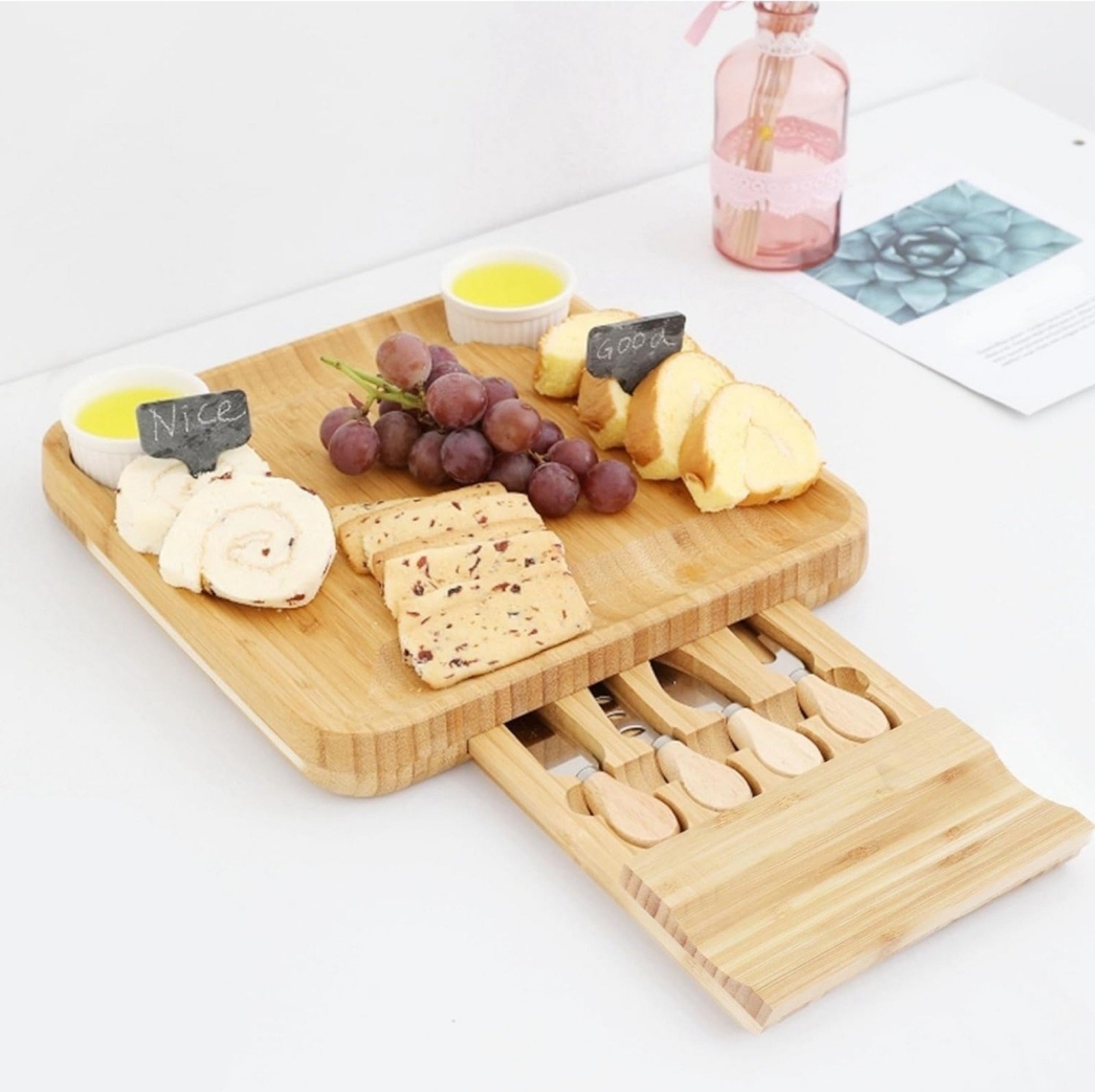Bamboo Cheese Board with Utensil Storage Drawer & Serving Tray eJcfcf8yn