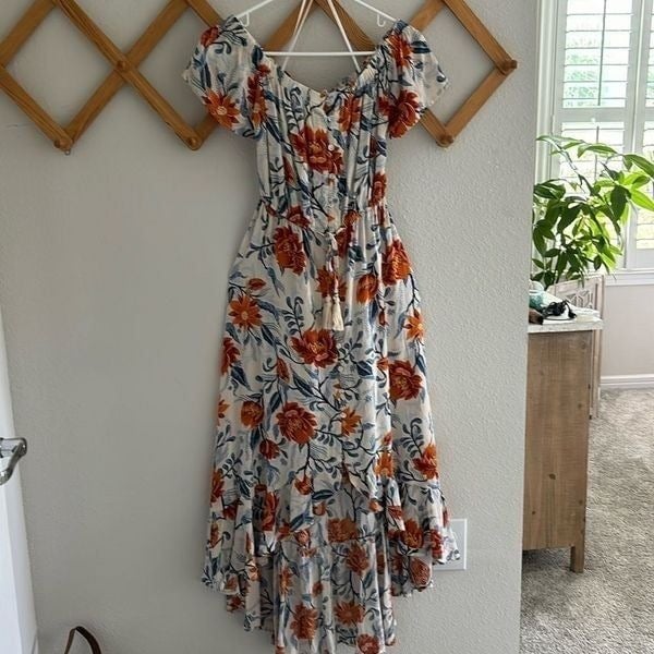 Blue and Orange Floral High Low Maxi Dress eE5Yay251