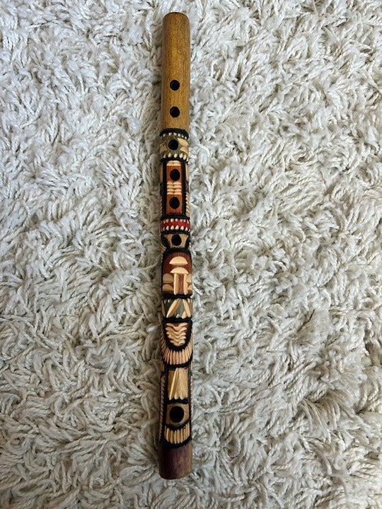 Handmade Wooden Guatemalan 16” Long Hand Carved Flute Totem Musical Instrument b6o2W7yyC