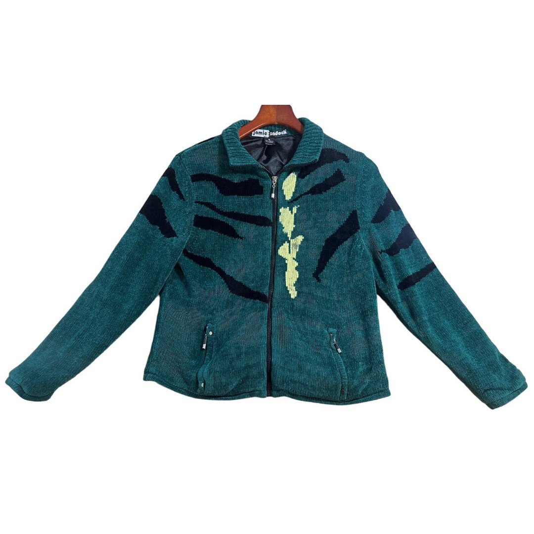 Jamie Sadock  Women  Chenille Cardigan Sweater Size M Black Green And Neon dn6d5jnKl