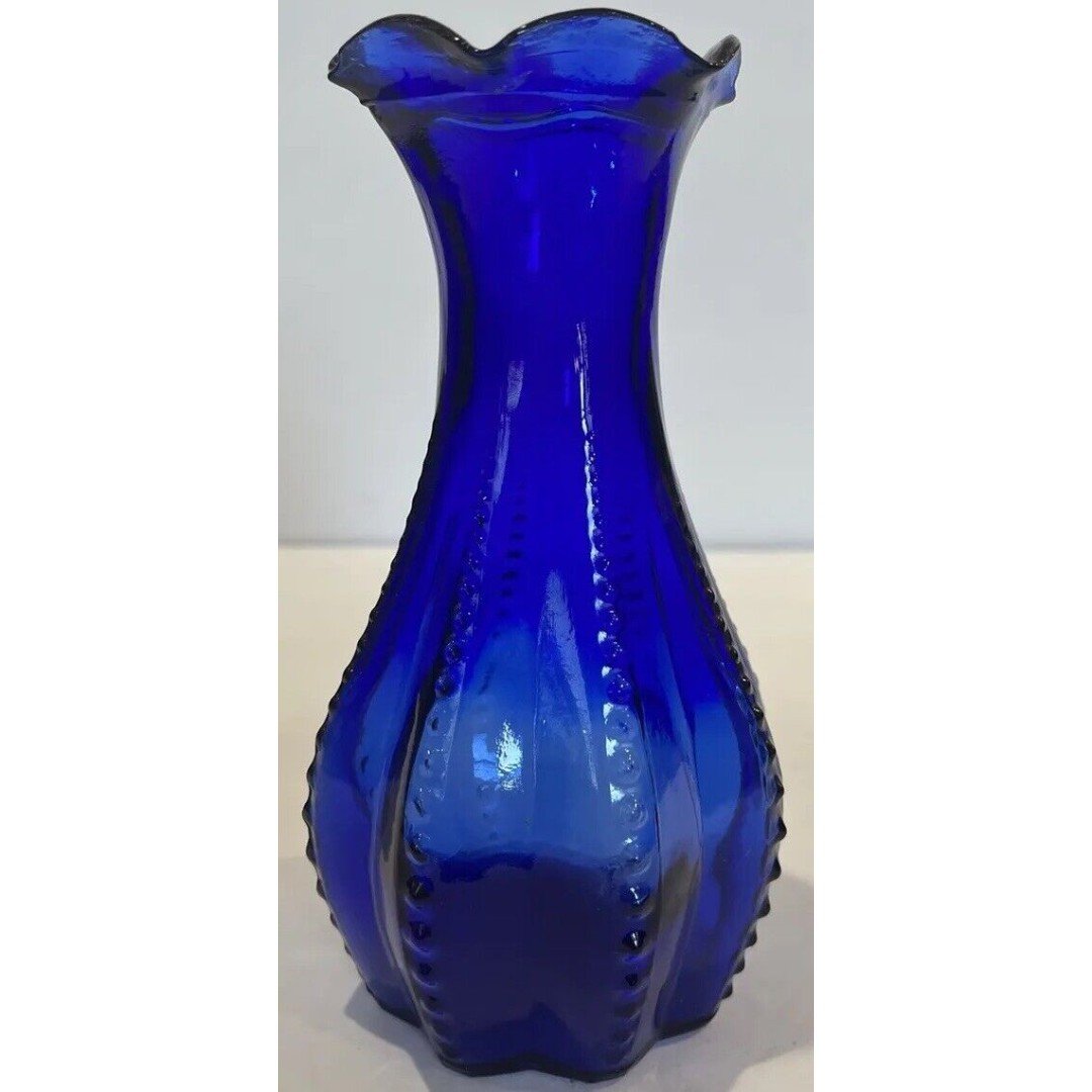 Vintage Indiana Glass Cobalt Blue Vase MCM Hobnail Ruffled Edges 7” 2NToudeDZ