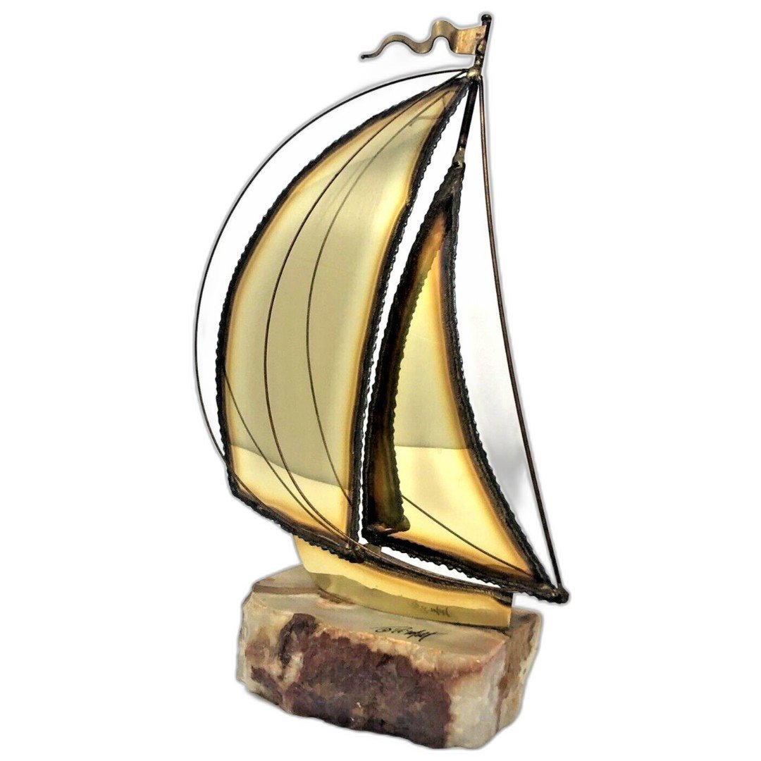 John Demott Brutalist Sailboat Sculpture Brass Sails On