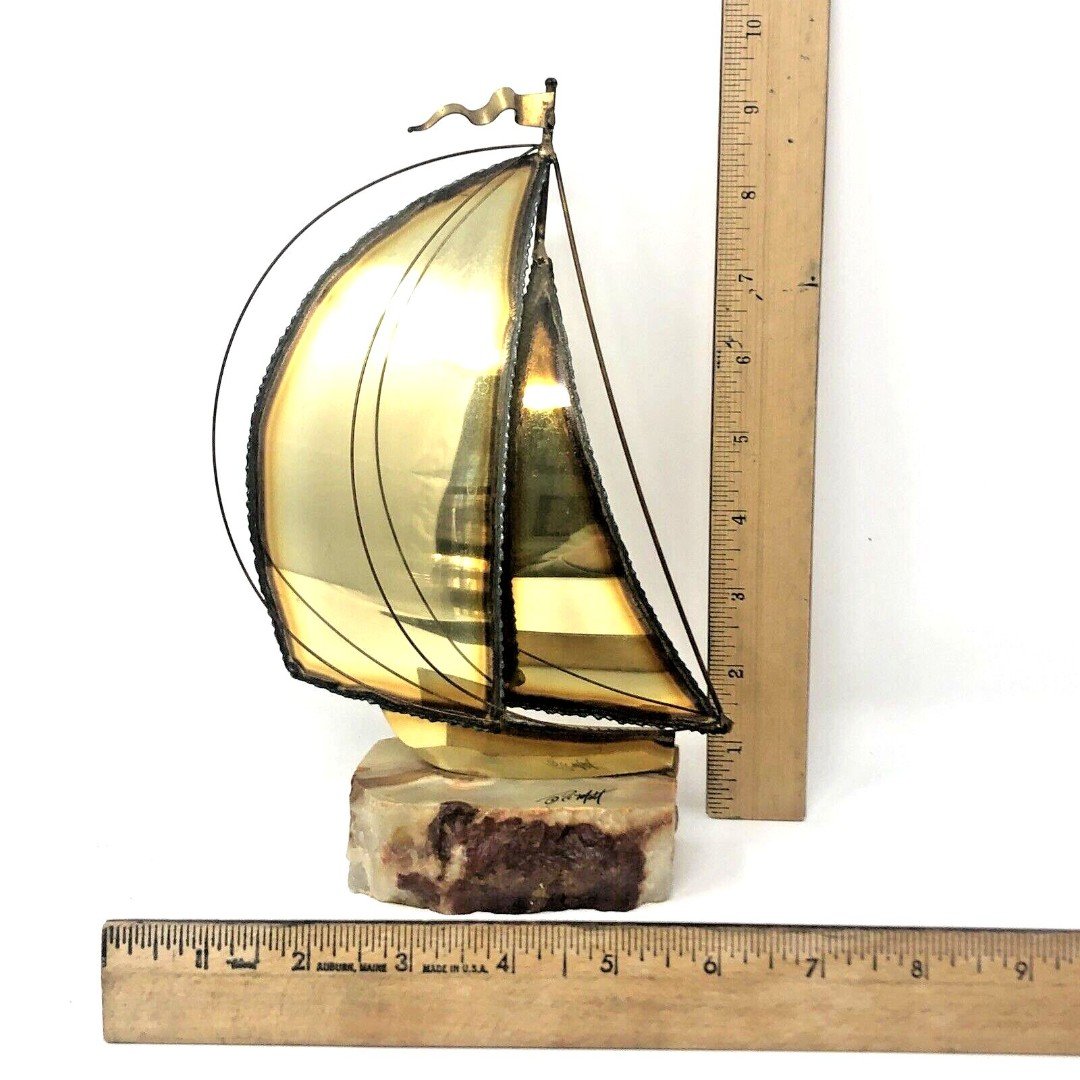 John Demott Brutalist Sailboat Sculpture Brass Sails Onyx Base VTG MCM Signed 6HYFnYpRm