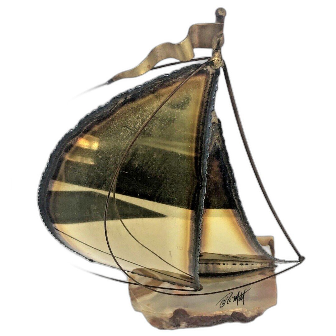 John Demott Brutalist Sailboat Sculpture Brass Sails Onyx Base VTG MCM Signed 6HYFnYpRm