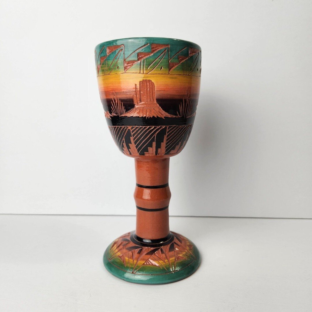 Ute Mountain Native American Pottery Traditional Design Red Earth Wine Goblet 8
