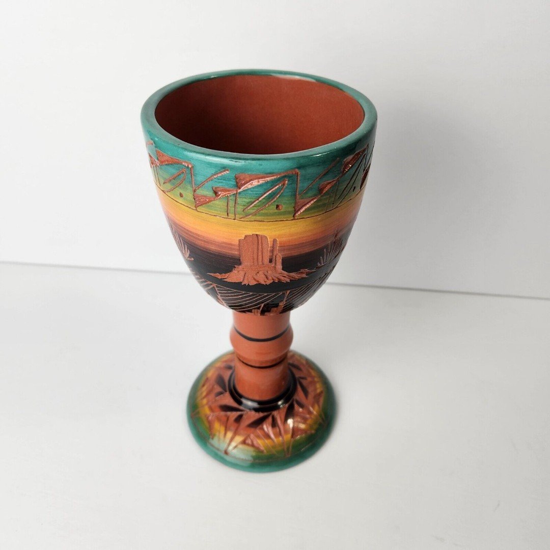 Ute Mountain Native American Pottery Traditional Design Red Earth Wine Goblet 8