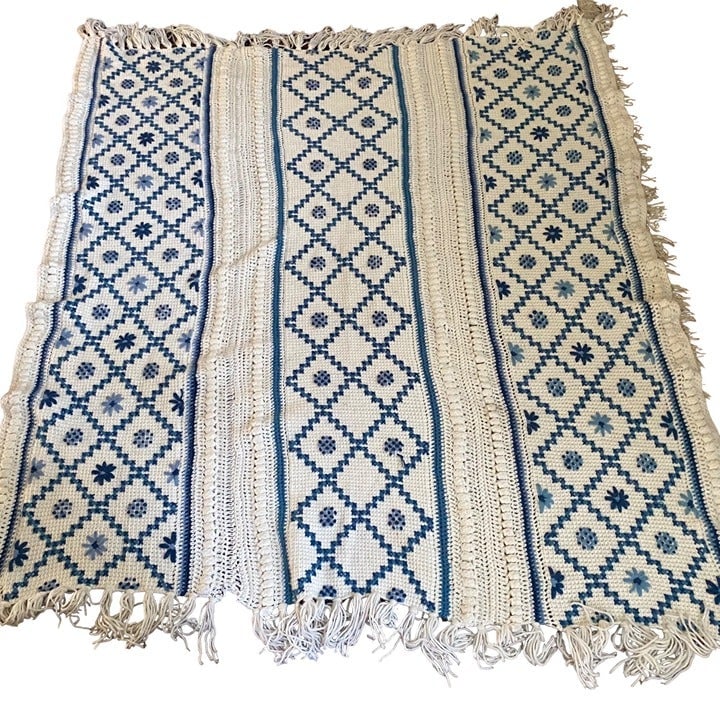 Handmade embroidered knit throw blue design floral fringe 55.5