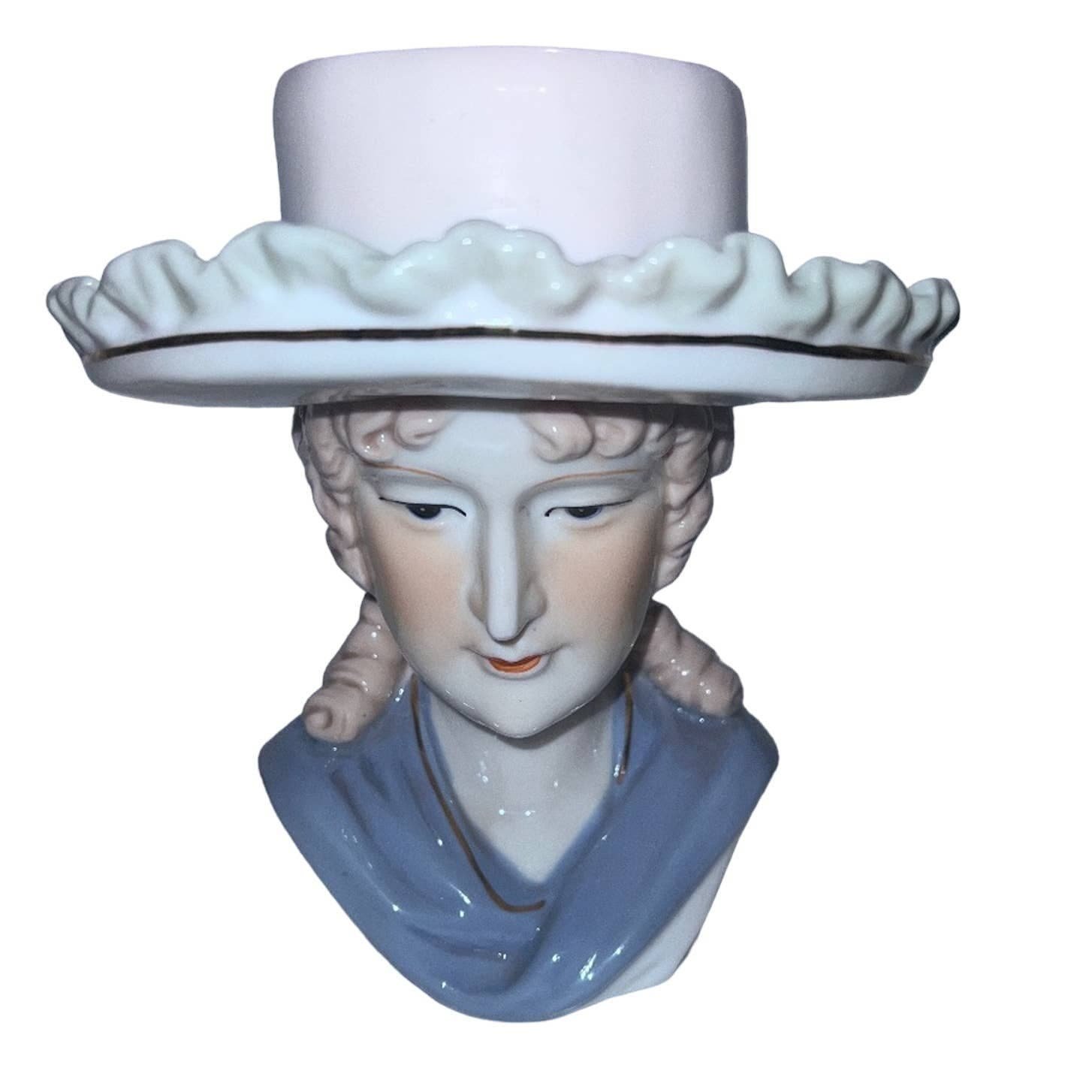 Lady Head Vase Planter Light Blue & White Wide Brim Hat 7