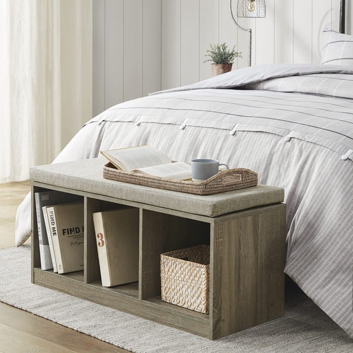 3-Cube Storage Bench with Upholstered Seat Cushion, Gray Wood 97jZzMWCp