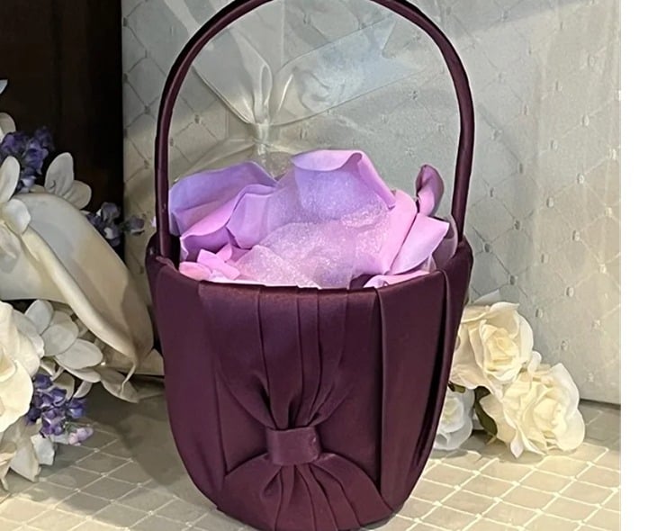PEACOCK Purple Satin Bow Wedding Flower Girl Basket wit