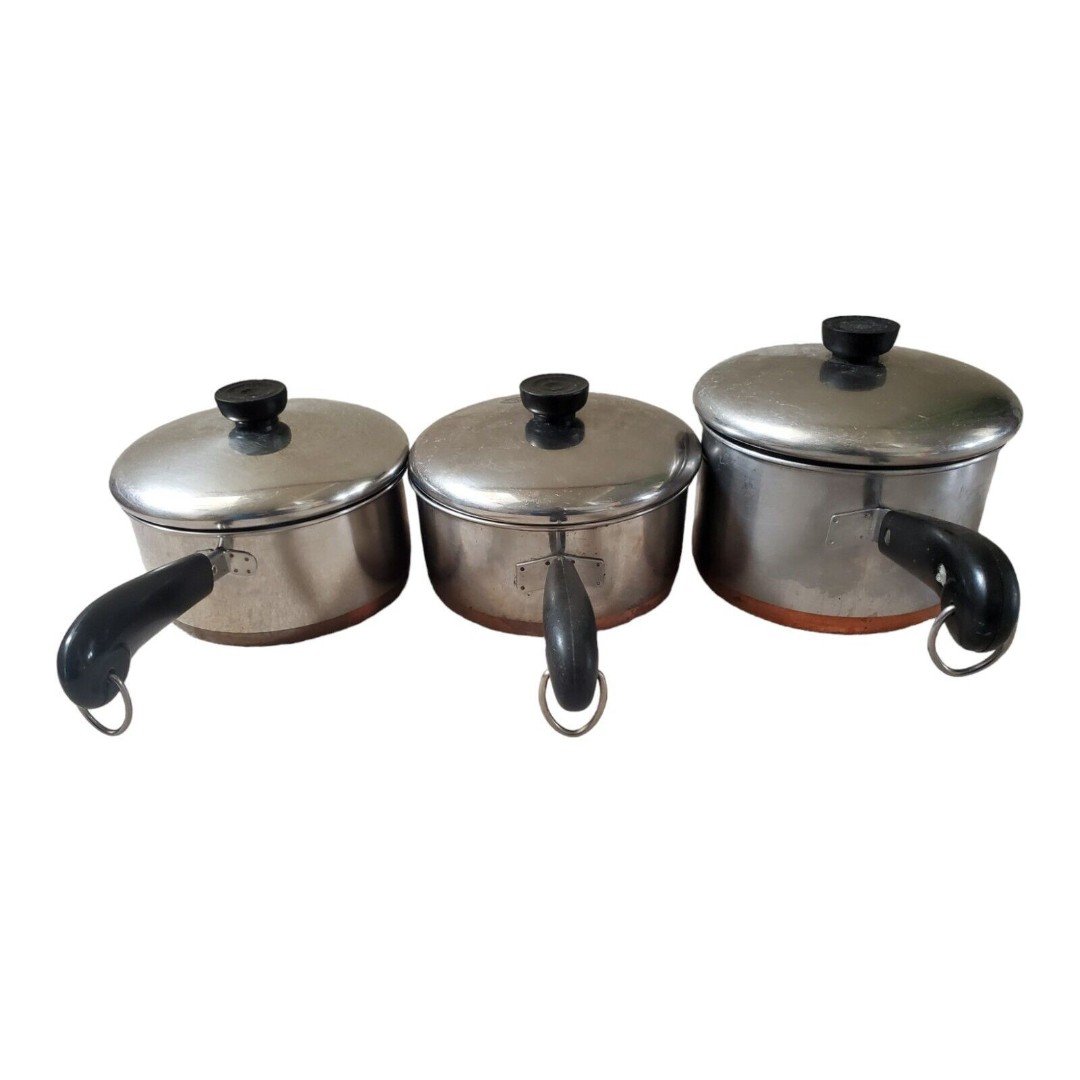 VTG Revere Ware 1801 Copper Bottom Set 3 Pots 1 Qt & 1 QT & 1.5 QT w/ Lids READ E52pe6zta