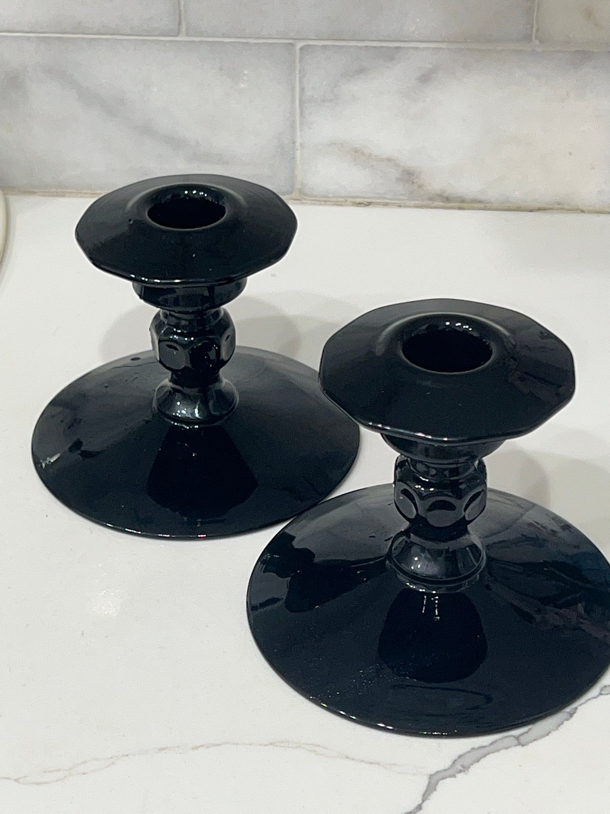 Cambridge black glass candlesticks pair candle holders 
