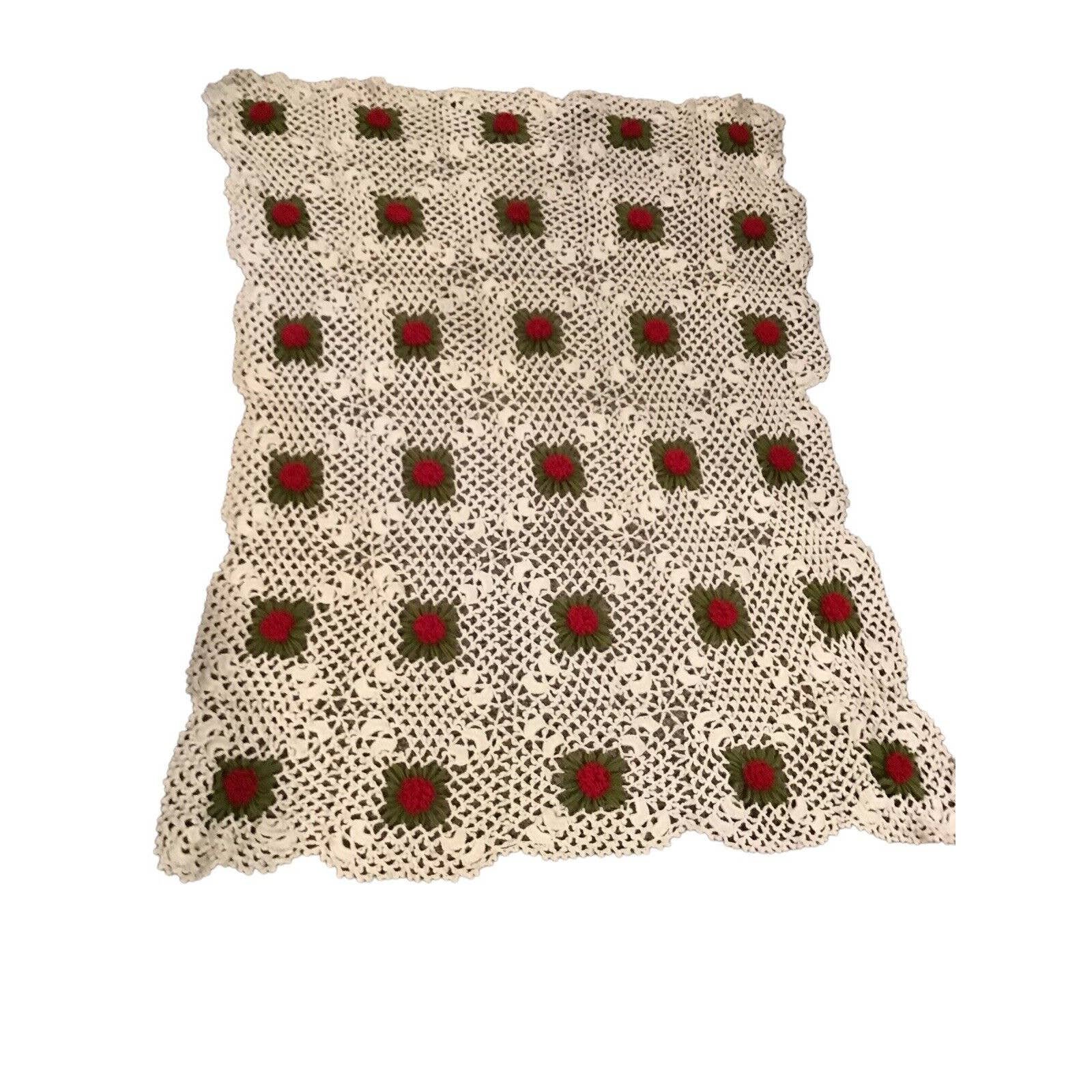 Vintage Hand Crochet 3D Flowers Afghan Blanket Throw 48