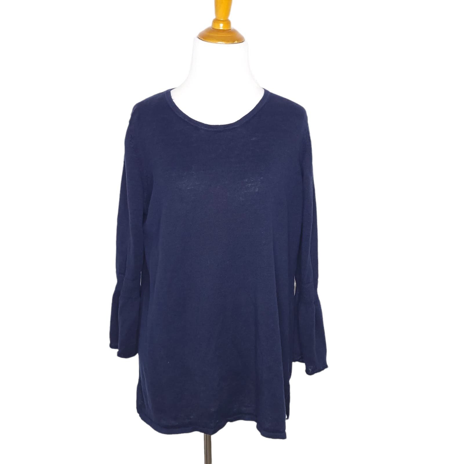 Talbots Linen Blouse Navy 3/4 Bell Sleeves Scoop Neck Large dXowPpaQP