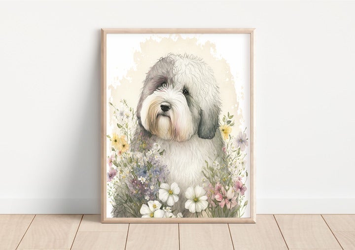 Old English Sheepdog and Flowers Watercolor Style Art Print (Frame Not Included) BHSAdE2vO