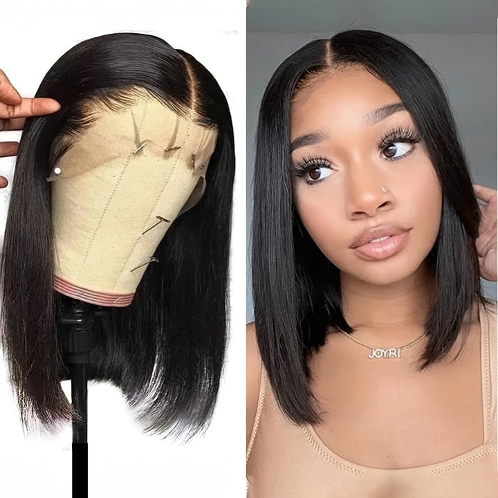 12inch Natural Color Lace Frontal Bob Wig - Human Hair Straight Bob with Pre-Plu Ae7IdyH8y