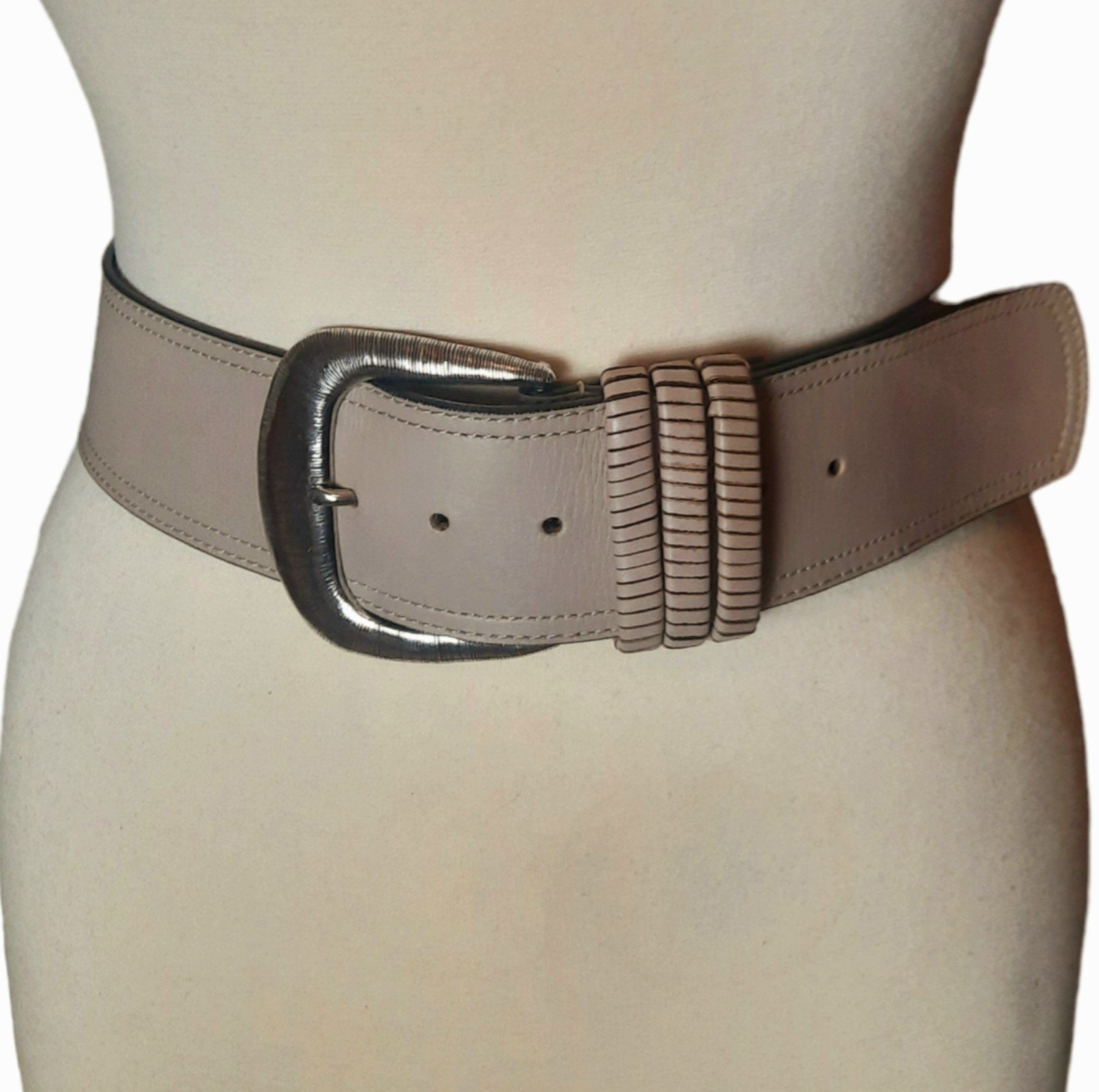 CHICO´S Wide Leather Double Topstitched belt Silver-tone Buckle S/M Beige eQciEExKZ