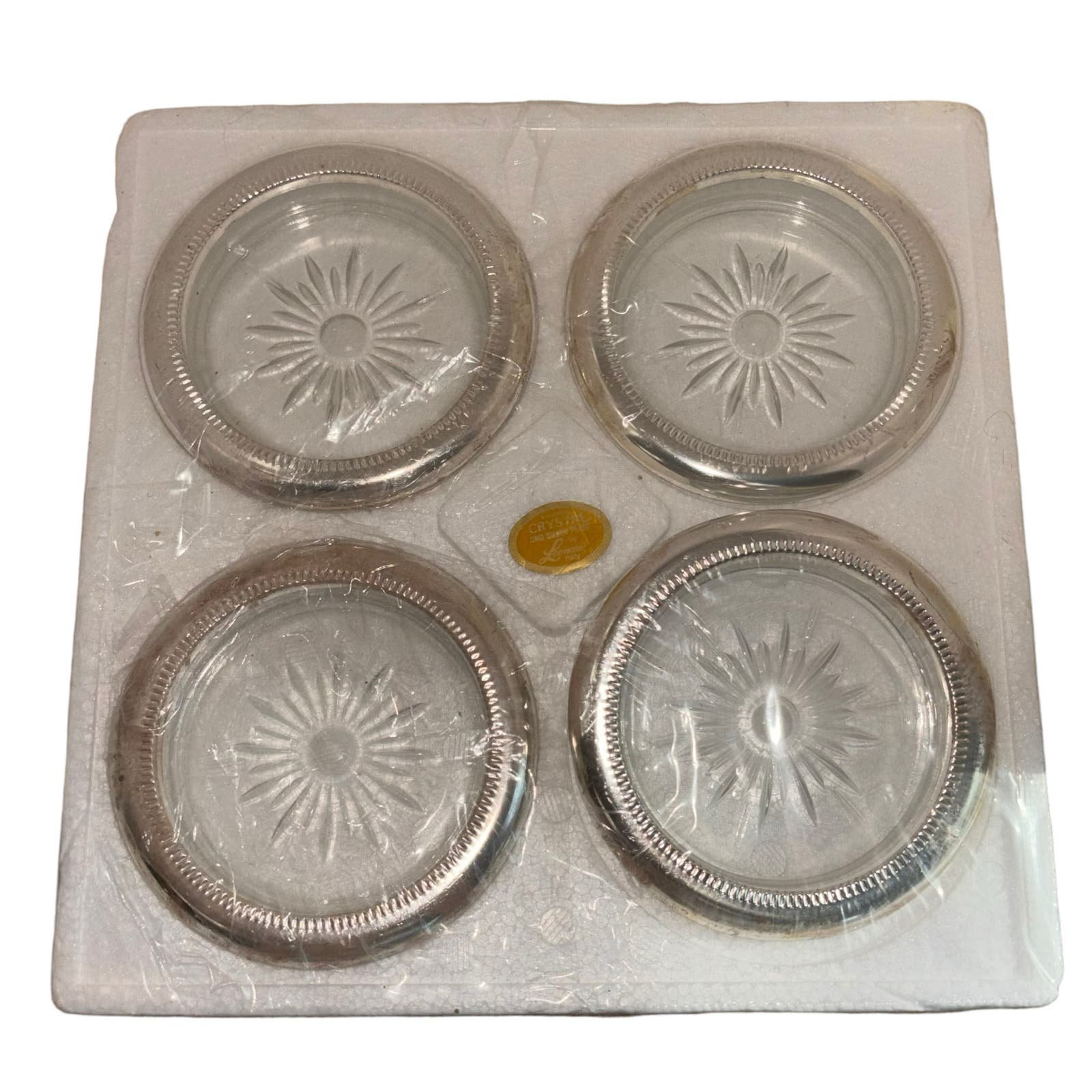 Crystal Glass Coasters by Leonard Silver Plate Made in Italy Vintage Never used 40NhFx3CL
