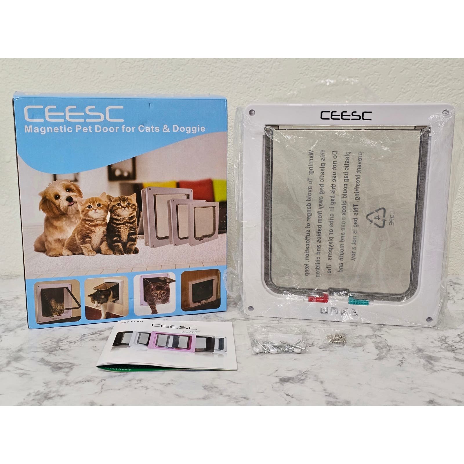 CEESC Magnetic Pet Door Dogs Cats XL White 9.8x2.2x11 inch w Hardware & Booklet Cvt3eeMms