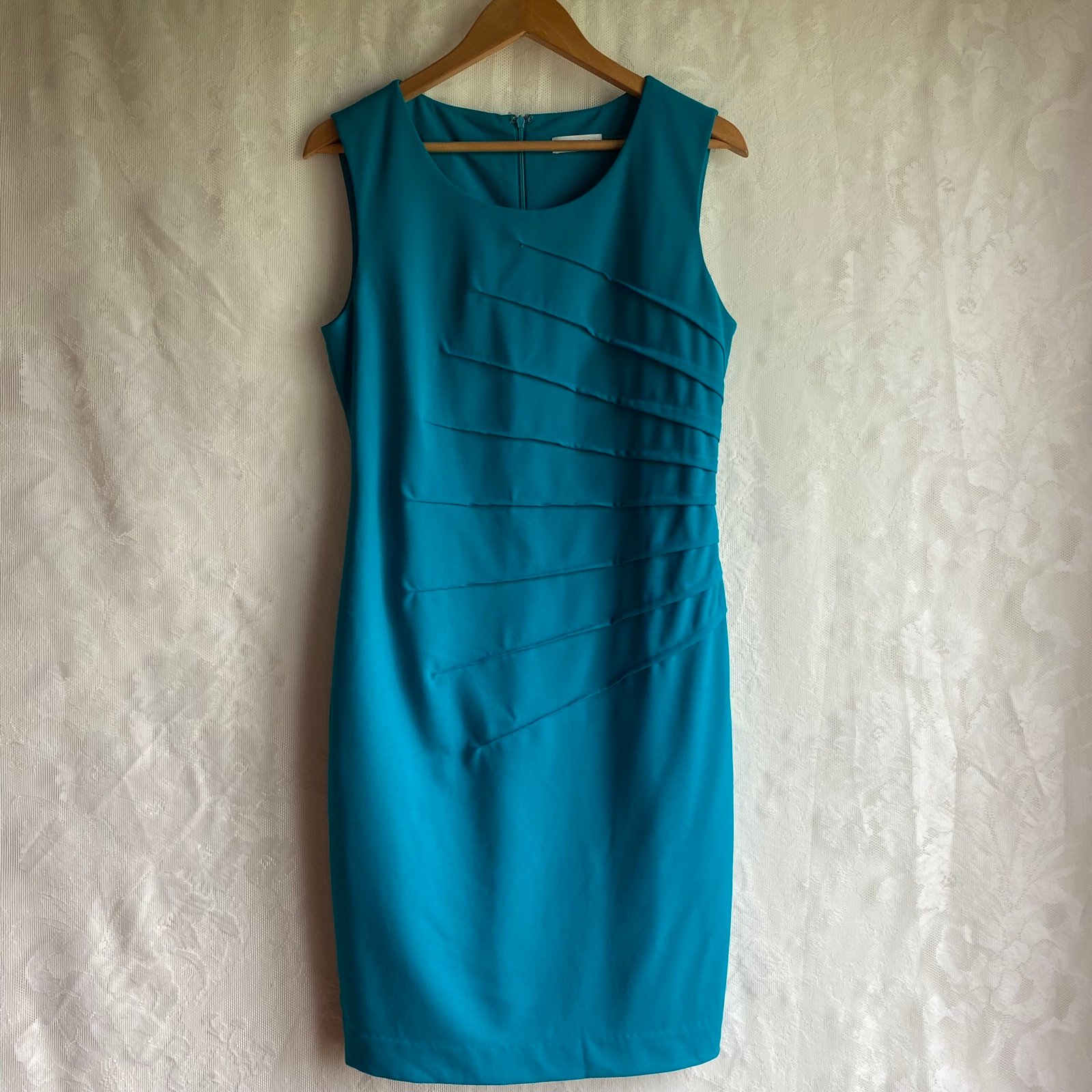 Calvin Klein Dress Teal Green Blue Sheath Pleated Career Flattering Women’s 8 4WxHz5xtd
