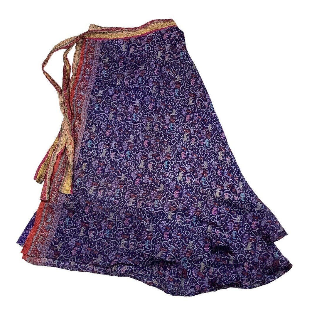 Handmade Silk Sari Wrap Around Skirt Midi Long Purple Tan Multicolor Boho FvD5PiwoF