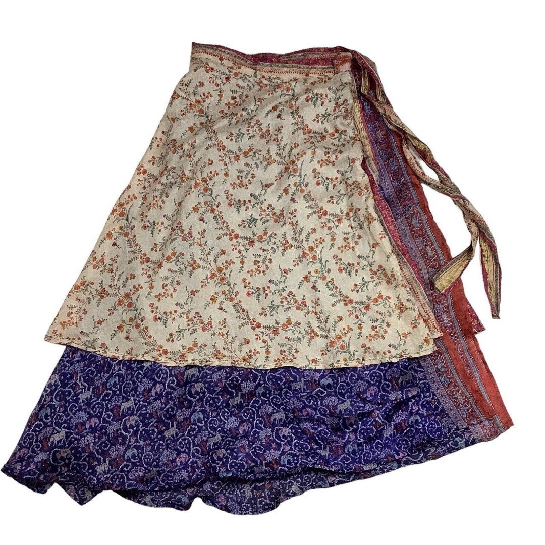 Handmade Silk Sari Wrap Around Skirt Midi Long Purple Tan Multicolor Boho FvD5PiwoF