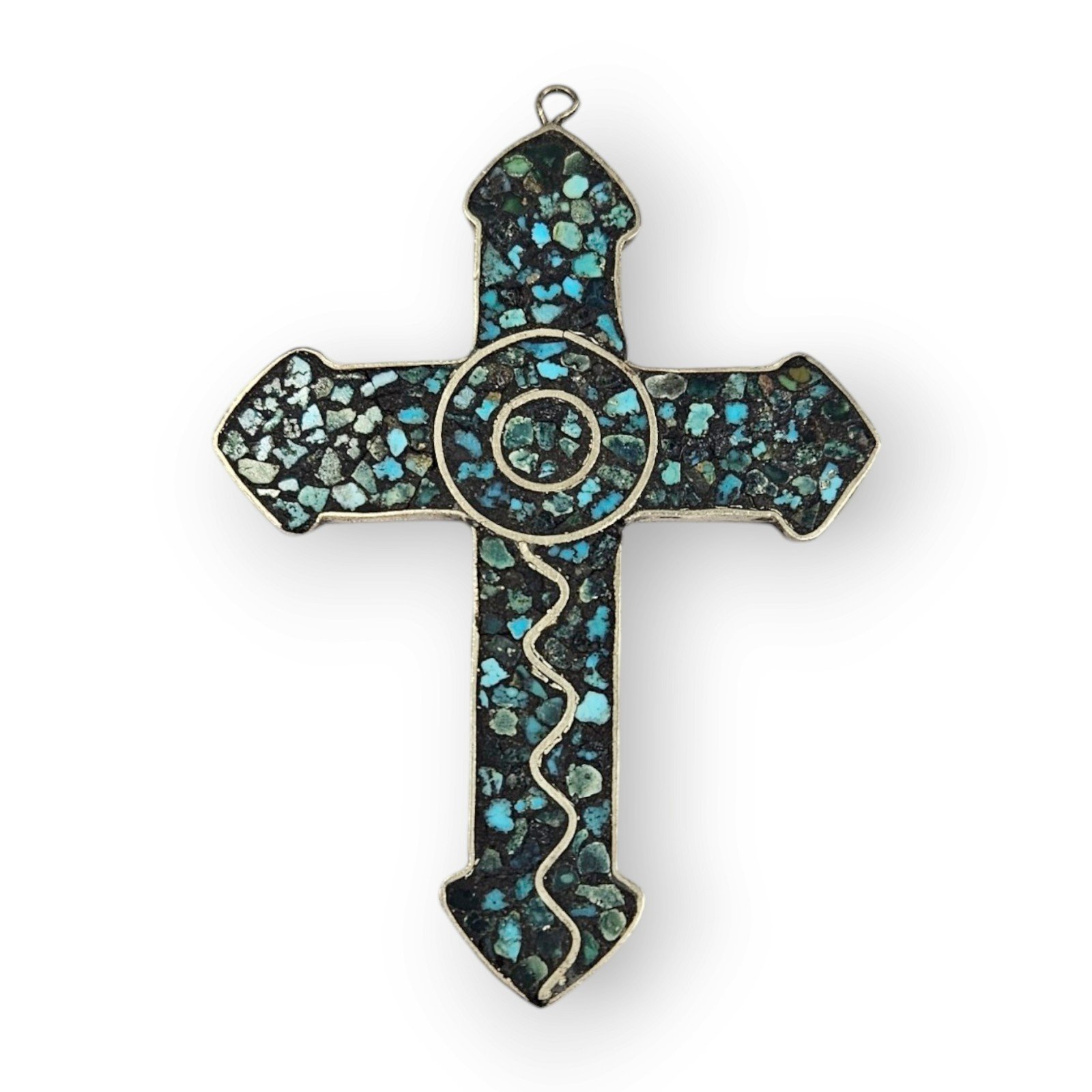 Vintage Mosaic Cross Necklace Pendant Crushed Turquoise India Silver Tone 3