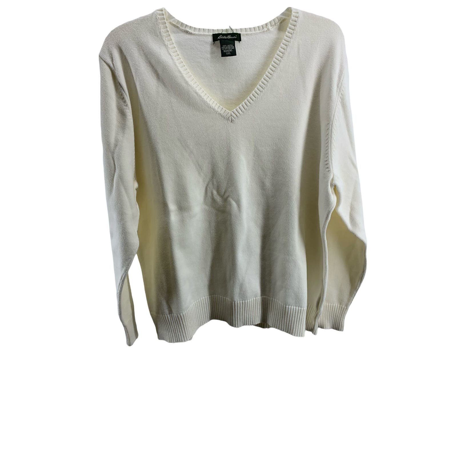 Eddie Bauer Cream Cotton V-Neck Pullover Sweater Women&
