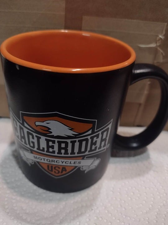 EAGLERIDER MOTORCYCLE USA COFFEE CUP ABOUT 12 OUNCES ORANGE AND BLACK gdcT80aeP