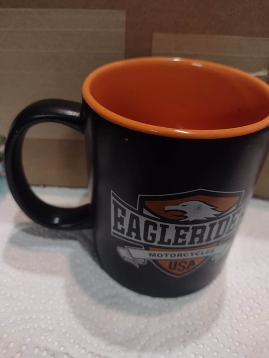 EAGLERIDER MOTORCYCLE USA COFFEE CUP ABOUT 12 OUNCES ORANGE AND BLACK gdcT80aeP