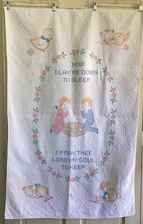 Vintage Handmade Embroidered Cross Stitch Baby Quilt Nursery Prayer Now I Lay Me eT2KeHKUJ