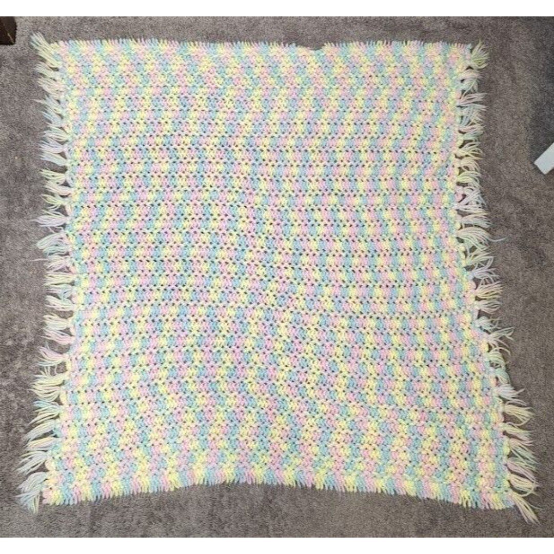 VTG Handmade Crocheted Colorful Baby Blanket Fringe 45